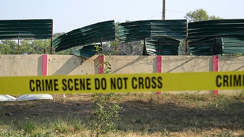 A view of the blast site near the Army cantonment area at Khasa, in Amritsar district, Wednesday, May 6, 2026. Preliminary investigation suggested that an object was hurled at the boundary wall, triggering the blast, police said
