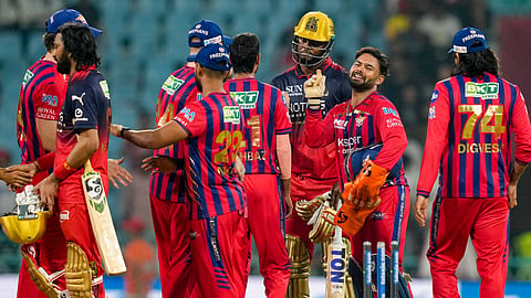 Lucknow Super Giants' captain Rishabh Pant, second right, with teammates after winning during the Indian Premier League (IPL) 2026