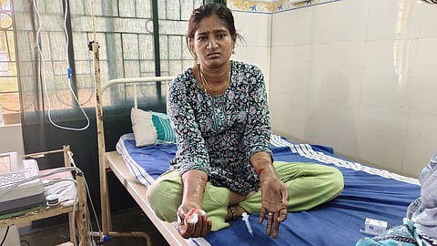 A woman injured in a stray dog attack at Ramanathapuram near Sivagiri receiving treatment at the Sivagiri Government Hospital.