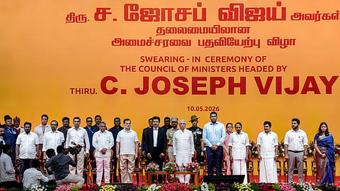 Tamil Nadu Governor Rajendra Arlekar along with Congress MP and Lok Sabha LoP Rahul Gandhi, newly-elected state Chief Minister and Tamilaga Vettri Kazhagam (TVK) chief C Joseph Vijay, Cabinet Ministers and others during the swearing-in ceremony, at Jawaharlal Nehru Stadium, in Chennai, Sunday, May 9, 2026