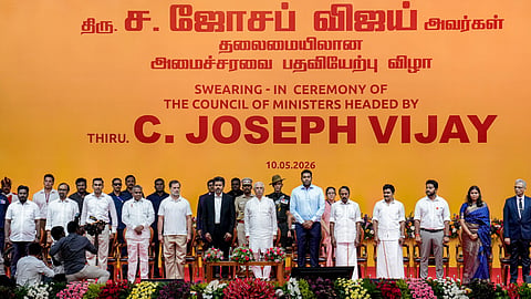 Tamil Nadu Governor Rajendra Arlekar along with Congress MP and Lok Sabha LoP Rahul Gandhi, newly-elected state Chief Minister and Tamilaga Vettri Kazhagam (TVK) chief C Joseph Vijay, Cabinet Ministers and others during the swearing-in ceremony