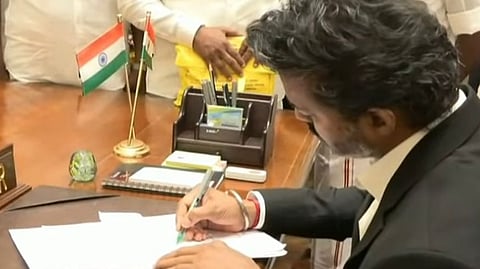 C Joseph Vijay takes charge as Chief Minister of Tamil Nadu shortly before 12 noon, on May 10, 2026, at Fort St George, Chennai.