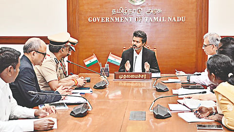 Chief Minister Vijay chairing a high-level review meeting at the Secretariat after assuming office