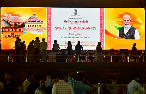 Preparations underway ahead of the swearing-in ceremony of the new Assam government at the Veterinary College Playground, in Guwahati