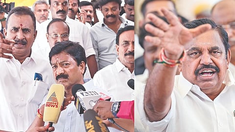 Rebel faction leaders SP Velumani and C Ve Shanmugam, (L), ADIADMK general secretary Edappadi K Palaniswami (R)