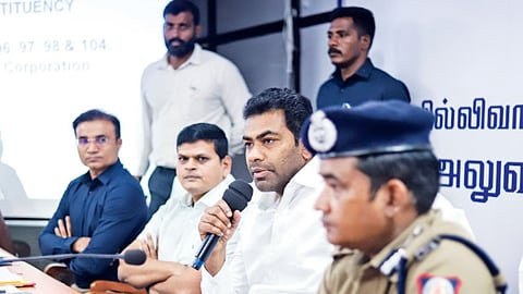 Minister Aadhav Arjuna chairs a review meeting in Shenoy Nagar on May 14