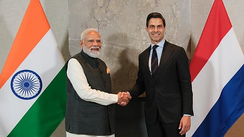 India's Prime Minister Narendra Modi, left, shakes hands with the Netherlands ‘ Prime Minister Rob Jetten after a meeting at the Catshuis in The Hague, Netherlands