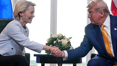 President Donald Trump and European Commission President Ursula von der Leyen shake hands afterreaching a trade deal at the Trump Turnberry golf course in Turnberry, Scotland, on July 27, 2025. (AP Photo/Jacquelyn
Martin, File)