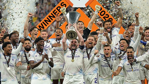 Aston Villa players celebrate as they win the Europa League final soccer match between Freiburg and Aston Villa in Istanbul, Turkey, Thursday, May 21, 2026