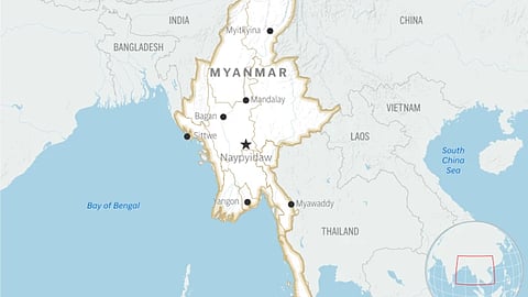 This is a locator map for Myanmar with its capital, Naypyidaw.