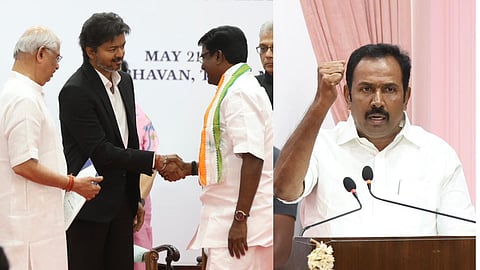 Congress leaders P Viswanathan and (right) S Rajesh Kumar during Thursday’s swearing-in