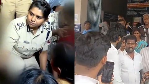 L: IG RV Ramya Bharathi interacting with protestors in Coimbatore; R: TVK cadre filming grieving parents in Tiruchy
