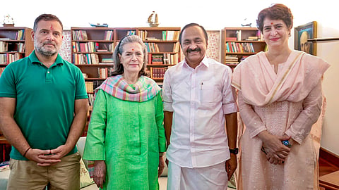 Congress Parliamentary Party (CPP) Chairperson Sonia Gandhi with party MP and Lok Sabha LoP Rahul Gandhi, party MP Priyanka Gandhi and Kerala Chief Minister VD Satheesan during a meeting as the latter visits New Delhi for the first time after assuming office