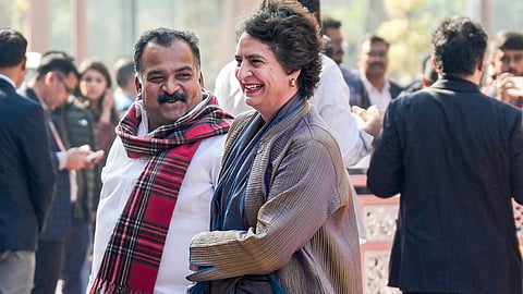 New Delhi: Congress MPs Priyanka Gandhi Vadra and Manickam Tagore during the Winter Session of Parliament, in New Delhi, Tuesday, Dec. 16, 2025. (PTI Photo/Salman Ali)(PTI12_16_2025_000223B)