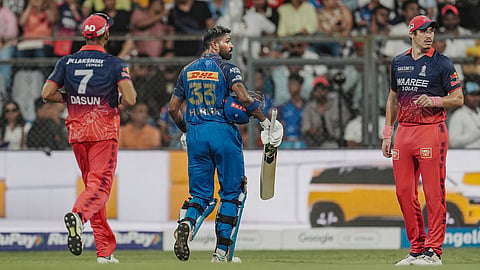 Mumbai Indians' captain Hardik Pandya returns to pavilion after his dismissal by Rajasthan Royals' Jofra Archer during an Indian Premier League (IPL) 2026 T20 cricket match between Mumbai Indians and Rajasthan Royals, in Mumbai, Maharashtra, Sunday, May 24, 2026