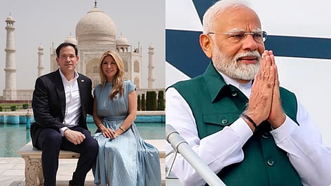 United States Secretary of State Marco Rubio poses with his wife, Jeanette Rubio, during their visit to the Taj Mahal