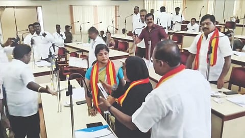 Screengrab of TVK and DMK council members arguing in the Erode Corporation meeting held on Tuesday