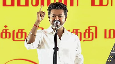 Tamil Nadu Chief Minister C Joseph Vijay addresses a public rally, in Tiruchirappalli, Tamil Nadu