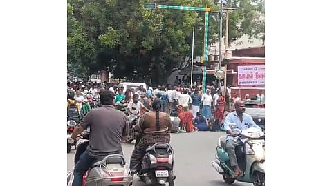 Villagers block road in front of police station in Kumarapalayam in Namakkal