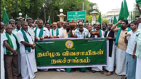 Farmers stage a protest in Tiruvarur on Tuesday