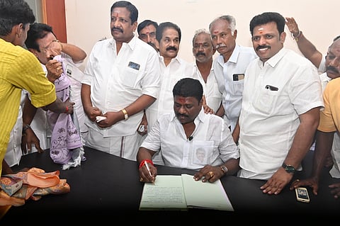 New Pudukkottai AIADMK district secretary V Palanivelu taking charge on Wednesday