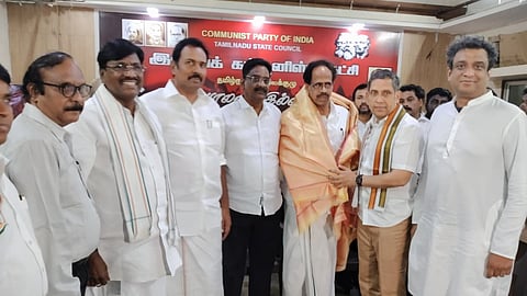 Congress Rajya Sabha candidate Praveen Chakravarty with CPI state secretary M Veerapandian in Chennai on Friday