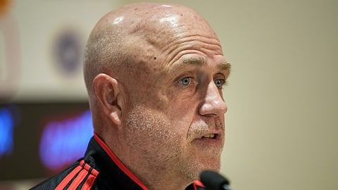 Afghanistan's head coach Richard Pybus addresses a press conference ahead of a Test cricket match against India, in Mullanpur, Friday, June 5, 2026