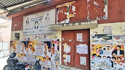 Political posters pasted on the closed ticket booking counter