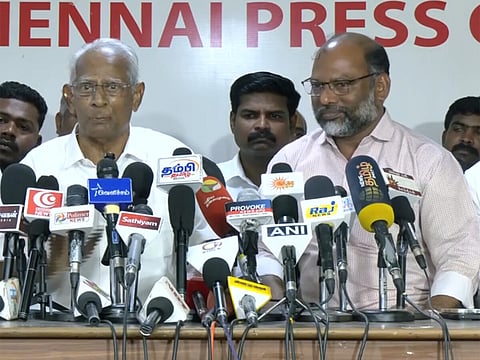 Ponnusamy and Kumbakonam Arasan, address the media at the Chennai Press Club on Wednesday