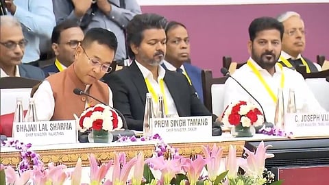 CM Vijay flanked by Telangana’s Revanth Reddy and Sikkin CM Prem Singh Tamang at the Niti Aayog meet