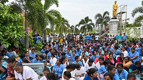 Over 100 nurses working at Chennai Corporation Primary Health Centres staged a protest at Ripon Building