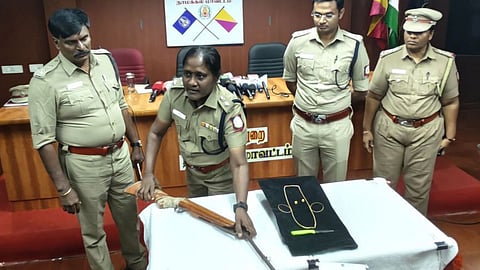 Namakkal SP S Vimala with the seized weapons