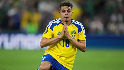 Sweden's Yasin Ayari (18) celebrates after scoring his side's opening goal during the World Cup Group F soccer match between Sweden and Tunisia in Guadalupe