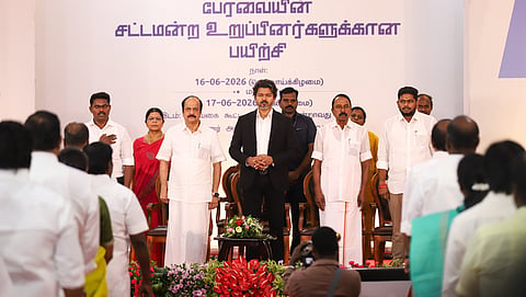 Chief Minister C Joseph Vijay, Speaker JCD Prabhakar at the inauguration of the two-day orientation programme for newly elected Assembly members at Kalaivanar Arangam in Chennai on Tuesday