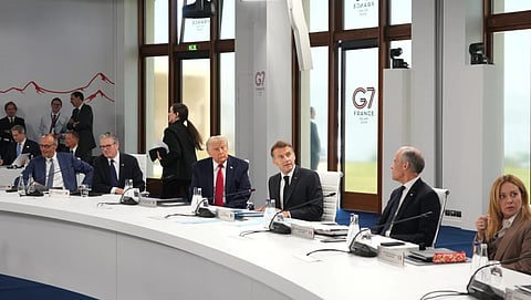 From right, Italian Prime Minister Giorgia Meloni, Canadian Prime Minister Mark Carney, French President Emmanuel Macron, U.S. President Donald Trump, British Prime Minister Keir Starmer, German Chancellor Friedrich Merz during a working session at the G7 summit in Evian-les-Bains