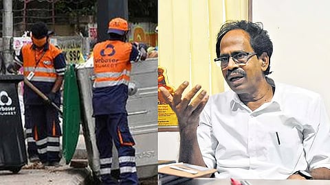(L) sanitation workers (R) CPI Secretary R Veerapandian