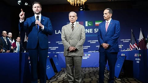 US Vice President JD Vance, left, makes an opening statement next to Pakistan's Prime Minister Shehbaz Sharif, center, and Qatar's Prime Minister and Minister for Foreign Affairs Sheikh Mohammed bin Abdulrahman bin Jassim Al-Thani, at the Bürgenstock Resort in Obbuergen, Switzerland