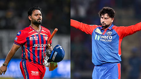 (L-R) LSG wicketkeeper-batter Rishabh Pant and DC spinner Kuldeep Yadav