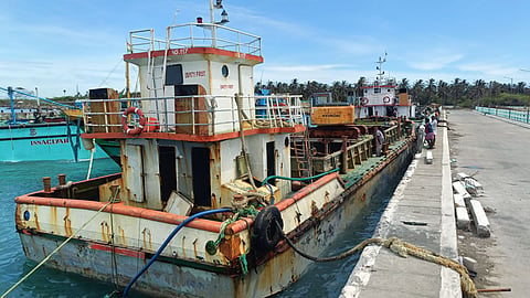 One of the storm-hit vessel berthed at Pamban Harbour