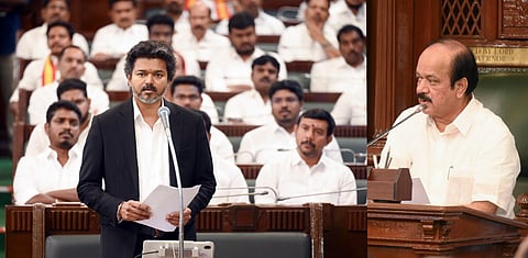 In this image received on June 23, 2026, Tamil Nadu Legislative Assembly Speaker JCD Prabhakar, right, looks on, as state CM Joseph Vijay speaks during the state Legislative Assembly session, in Chennai