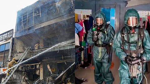(L) At least 15 people were killed after a massive fire swept through a three-storey commercial building, (R) NDRF personnel arrive at a seafood export unit following an ammonia gas leak
