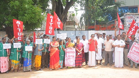 AITUC members stage a protest for various demands in Tiruchy on Wednesday