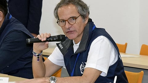 International Atomic Energy Agency Director General Rafael Grossi speaks during a meeting with Tokyo Electric Power Company Holdings officials at Fukushima Daiichi nuclear power plant in Okuma