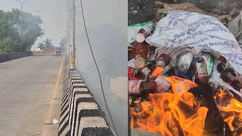Smoke billows from underneath the flyover connecting Tambaram Sanatorium as medical waste (right) is dumped and burned adjacent to the Baradha Madha Street