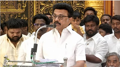 DMK president and former Chief Minister MK Stalin addresses party cadres at a function in Tiruvarur