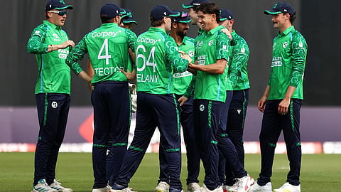 Ireland's Matt Hollard, center right, celebrates bowling out India's Ishan Kishan during the first T201 test match at Stormont, Belfast, Northern Ireland