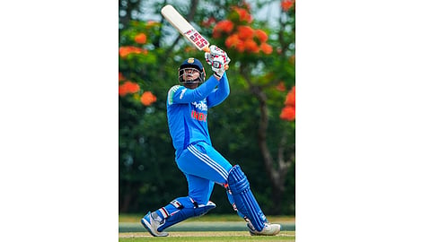 India's Vaibhav Sooryavanshi plays a shot during the fifth match between India A and Afghanistan A in the Tri-Nation A Series, in Dambulla, Sri Lanka
