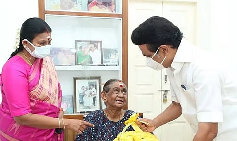 File Photo of MK Stalin with his mother Dayalu Ammal and wife, Durga Stalin