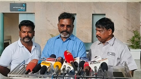 VCK chief Thol Thirumavalavan talking to media persons in Karur on Monday