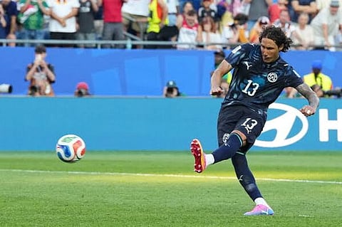 Paraguay players celebrate after Jose Canale #13 of Paraguay scores the sixth penalty in a penalty shootout for victory during the FIFA World Cup 2026 Round Of 32 match between Germany and Paraguay at Boston Stadium on June 29, 2026 in Foxborough, Massachusetts.
